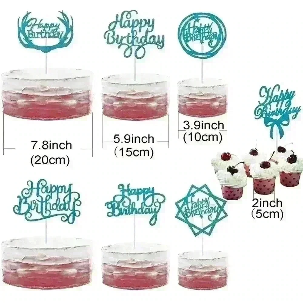 Cake Topper Paper Happy Birthday Cake Decoration Supplies  14PCS Blue Glitter